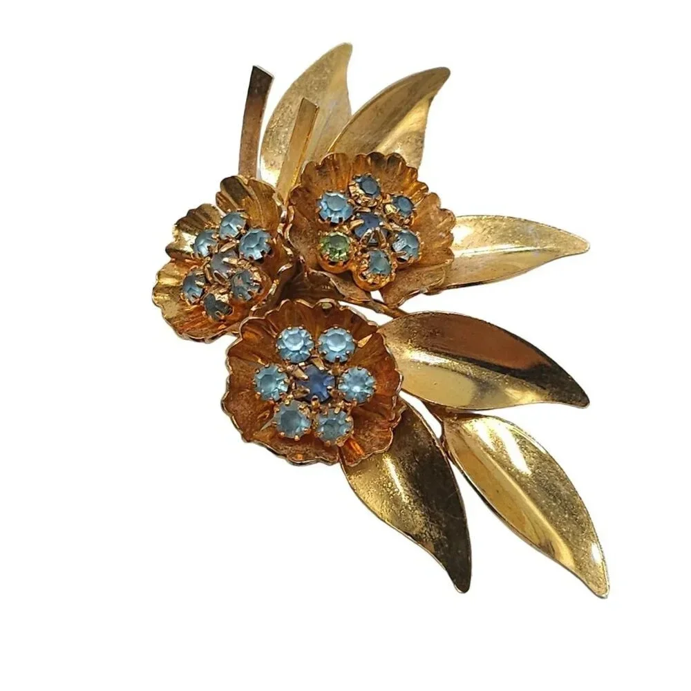 Blue Rhinestone Flower Leaf Branch Brooch Pin Gold Tone Vintage 1940s